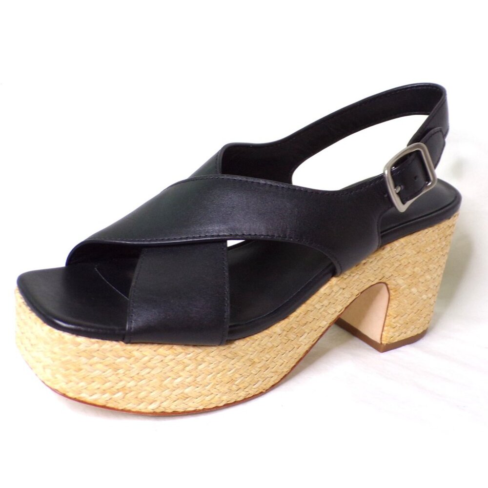 🆕VINCE Clementina Platform Raffia Heel Sandal Shoe Leather 8 Black - Picture 5 of 10